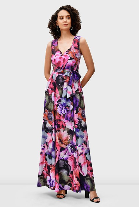 Shop Watercolor floral print crepe sash-tie dress | eShakti