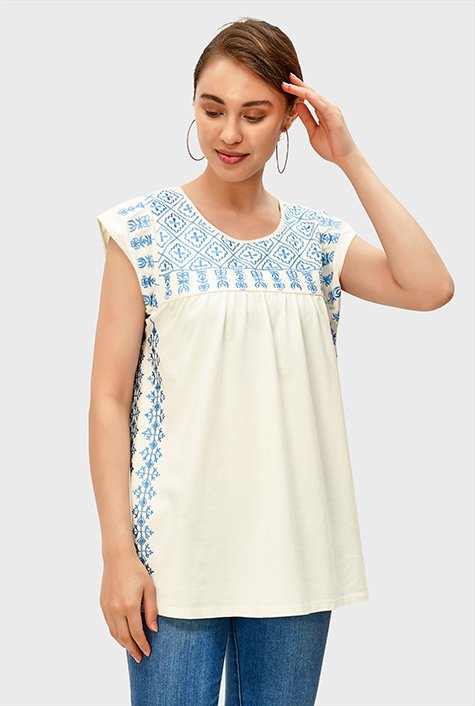 Shop Floral embroidery cotton jersey top | eShakti