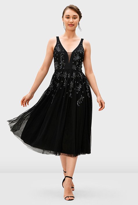 Leafy vine embroidery sheer tulle dress