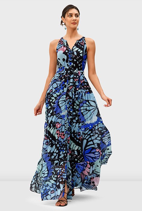 Shop Butterfly print georgette ruched tier dress | eShakti