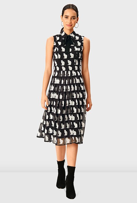 Shop Bow tie cat print georgette dress | eShakti