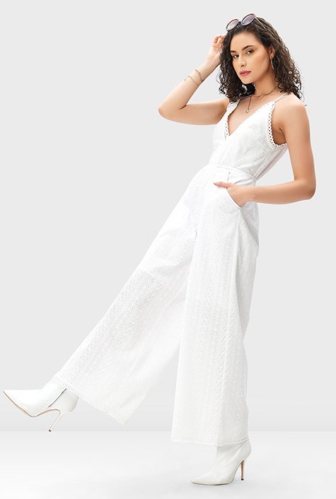 Shop Lace trim linear floral cotton eyelet jumpsuit