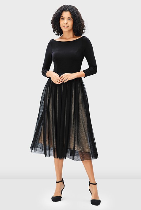 Shop Jersey knit and layered tulle fit-and-flare dress