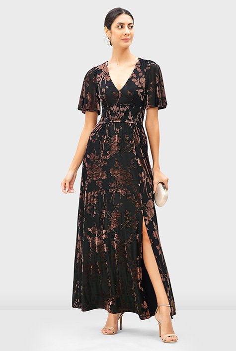 Shop Vented floral velvet burnout smocked waist maxi dress