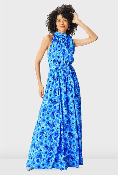 Tie neck washed floral print crepe dress