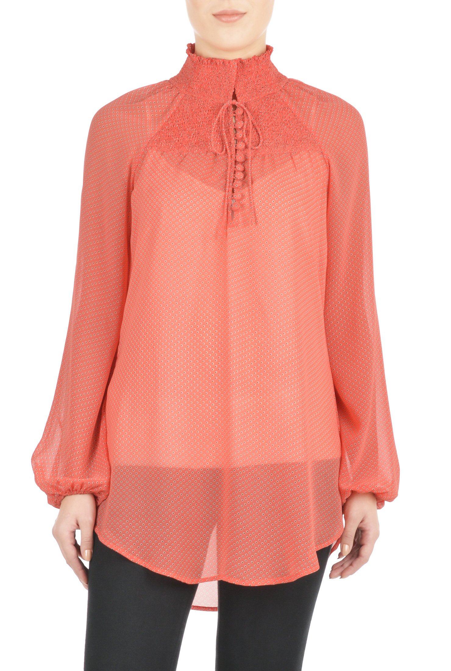 Shop Polka dot print smocked chiffon blouse | eShakti
