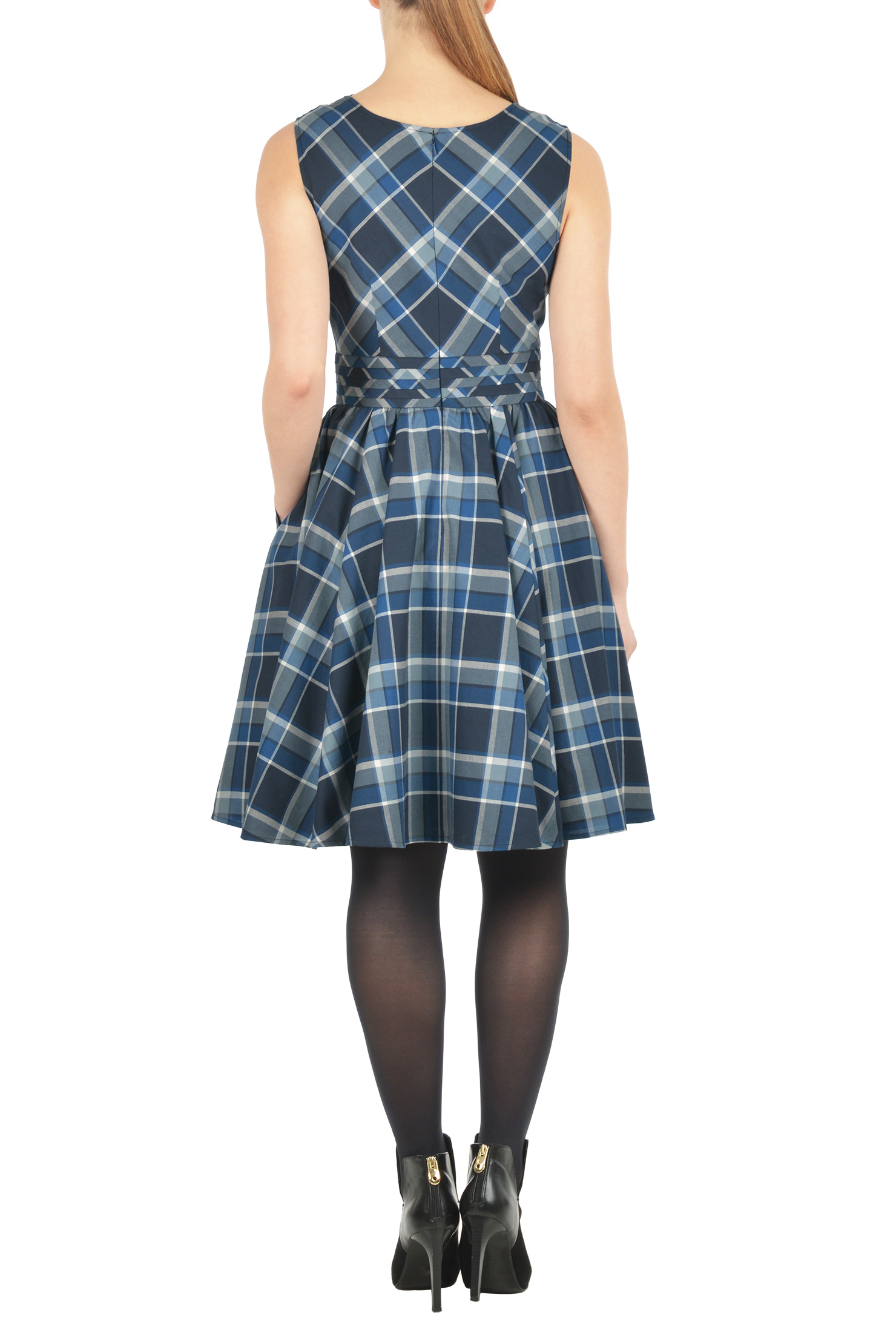 Shop Pleat waist oxford check dress eShakti