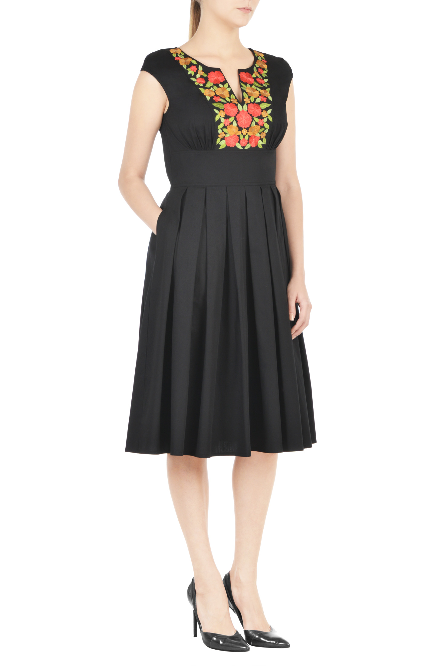 Shop Vibrant floral embroidery poplin dress eShakti