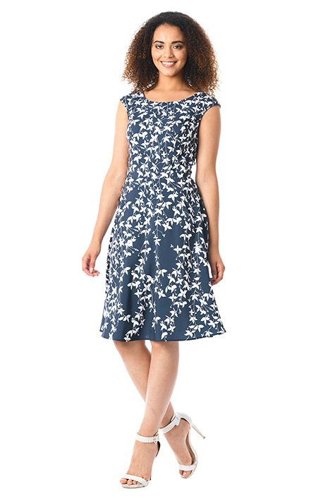 Shop Leaf print fit-and-flare crepe dress | eShakti