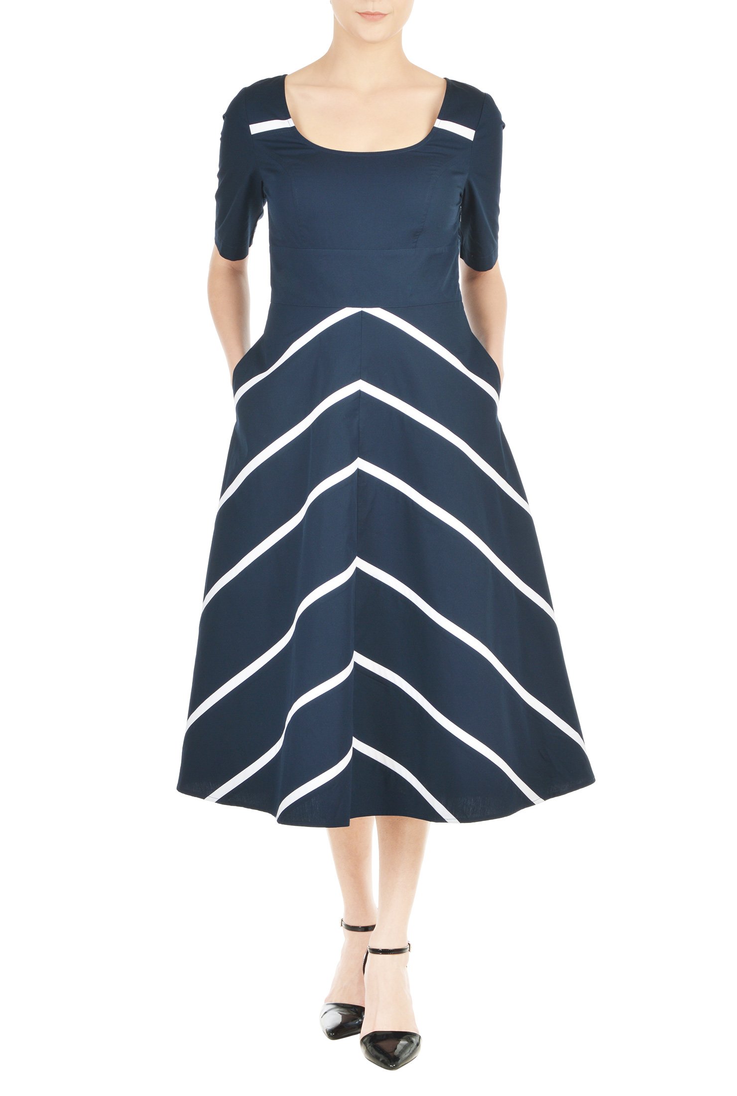 Shop Chevron stripe piped trim poplin dress | eShakti