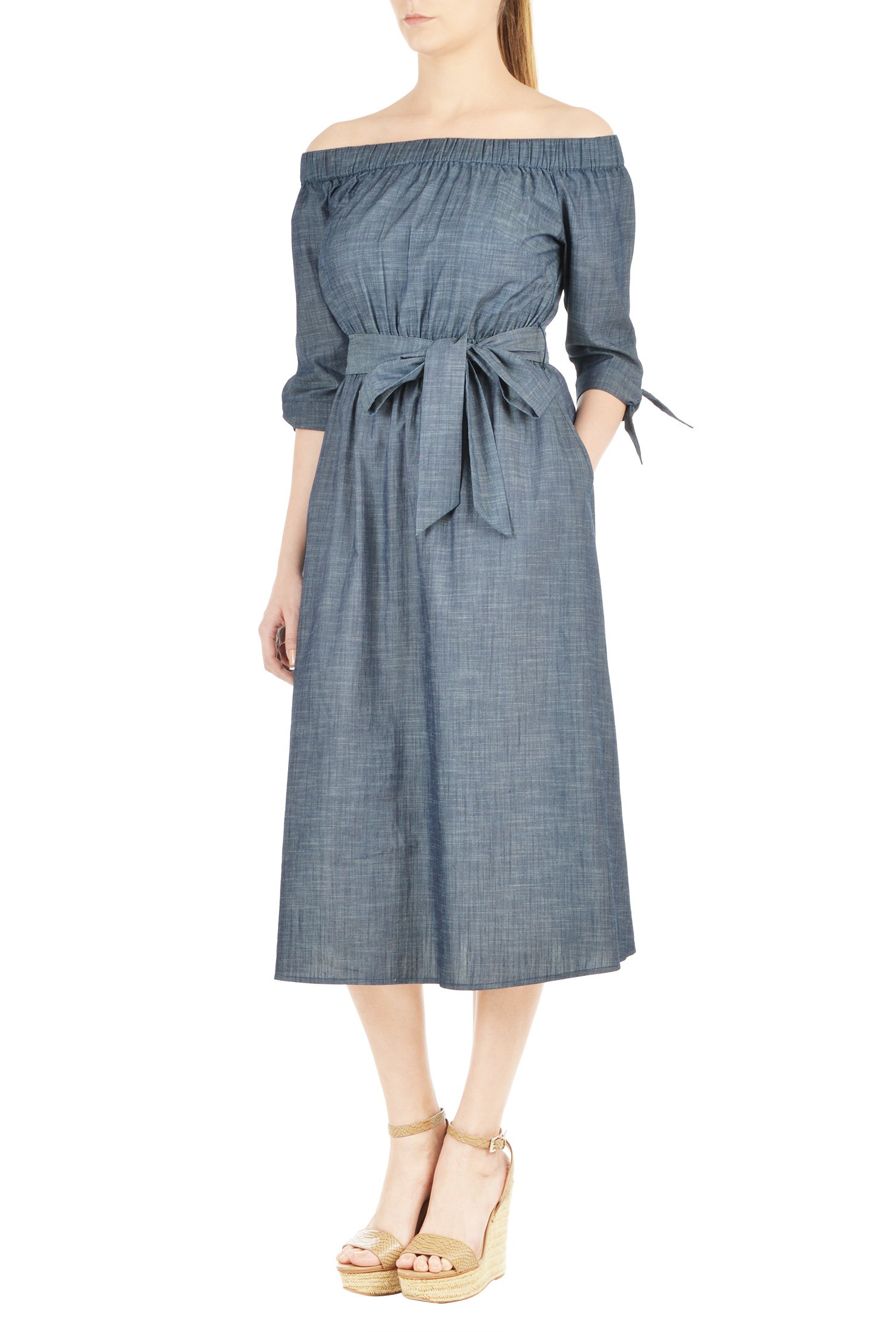 Shop Off-shoulder cotton chambray dress | eShakti