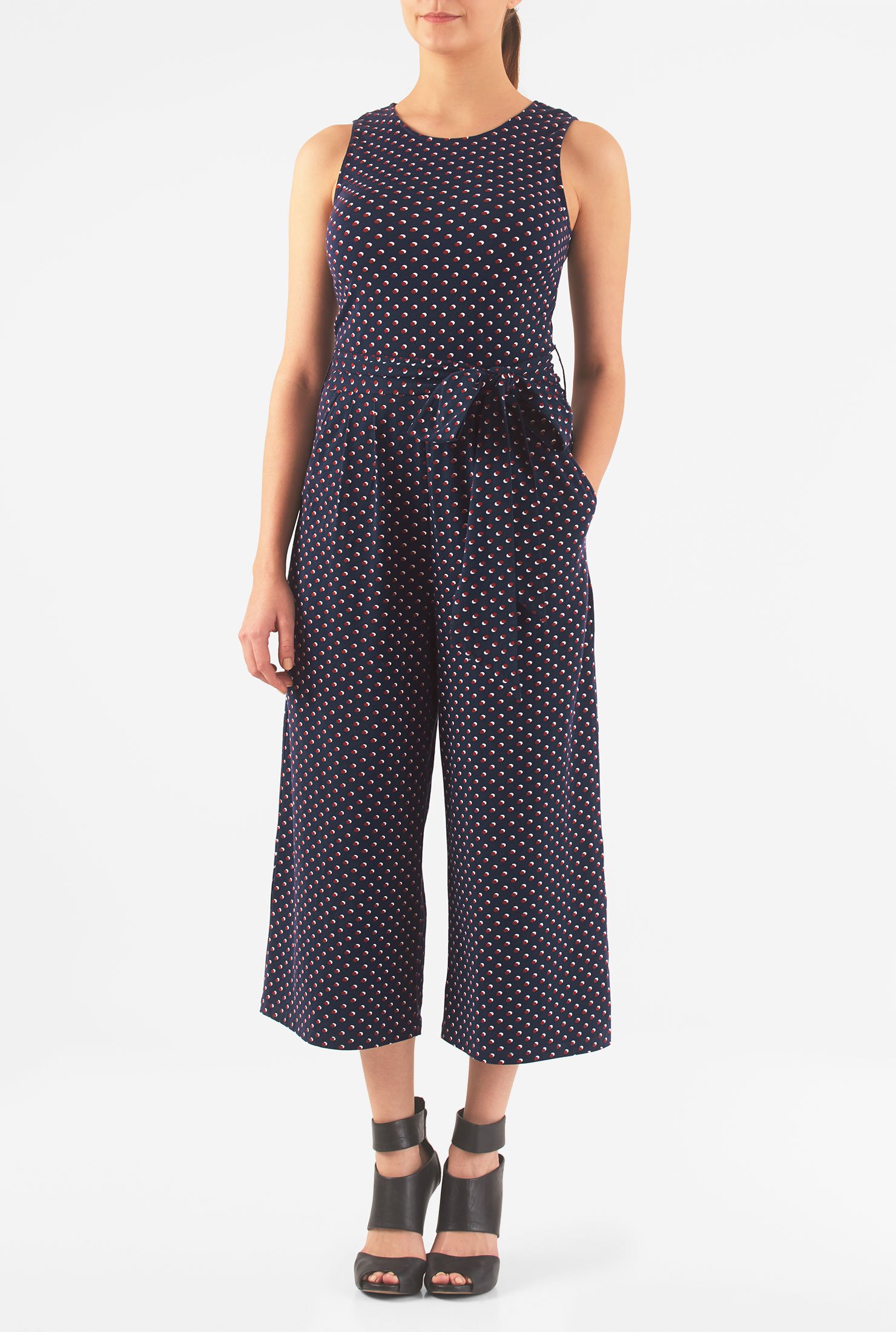 Shop Polka Dot Cotton Knit Sash Tie Crop Jumpsuit Eshakti