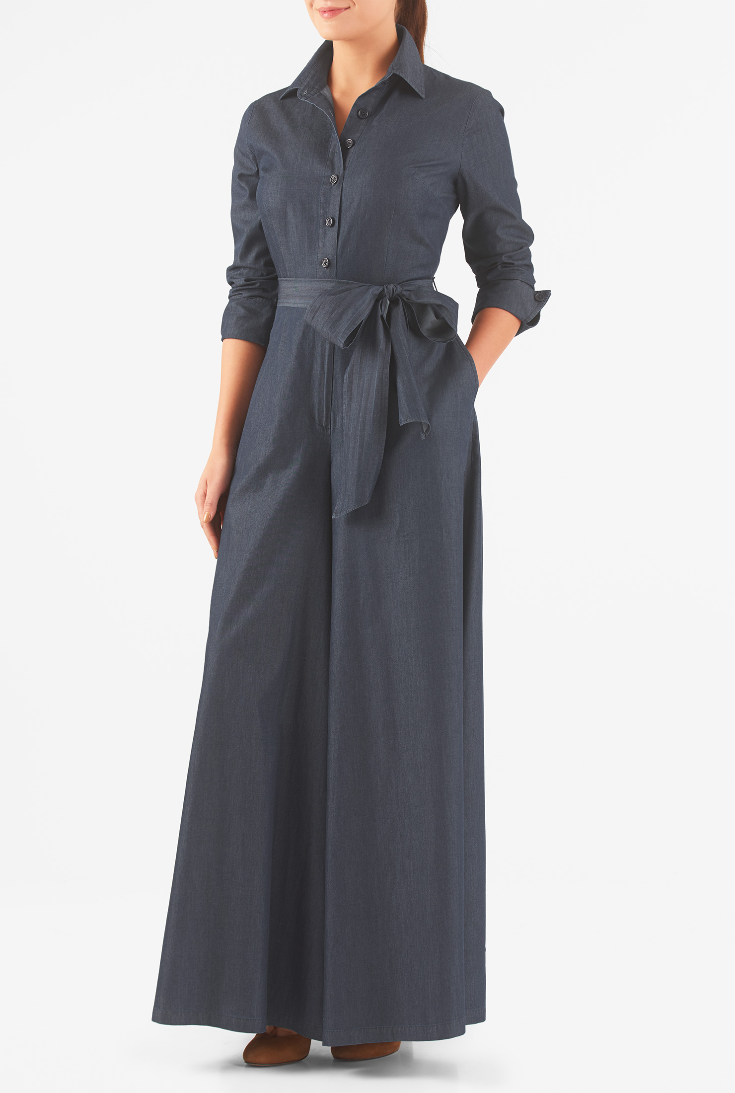 Shop Sash tie cotton chambray jumpsuit eShakti