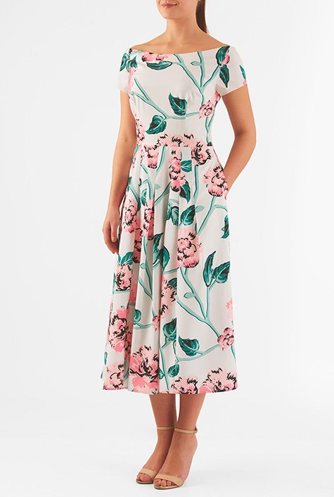 Shop Floral print pleat neck crepe dress | eShakti