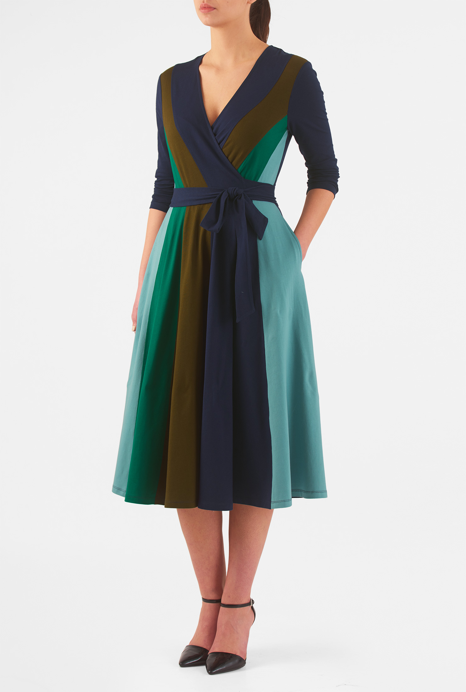 Shop Colorblock cotton knit wrap dress eShakti