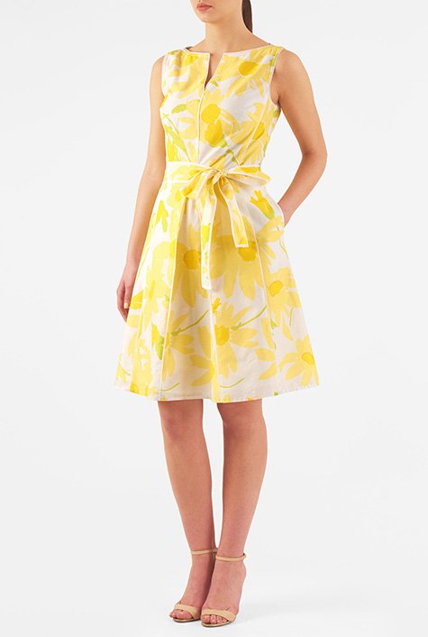 Shop Floral print piped trim cotton cambric dress | eShakti