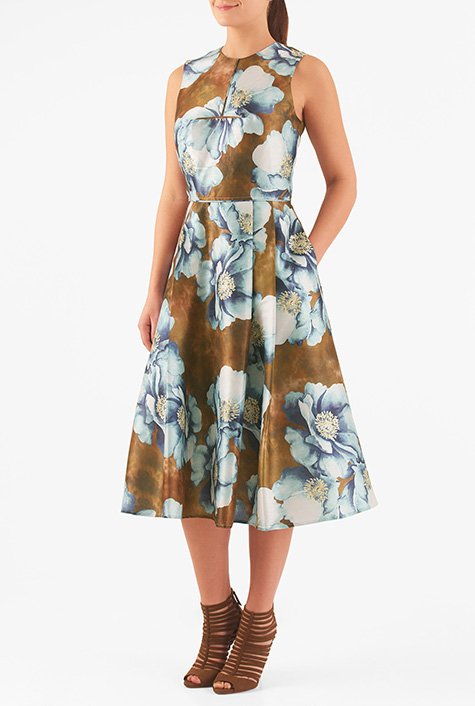 Shop Floral print dupioni midi dress | eShakti