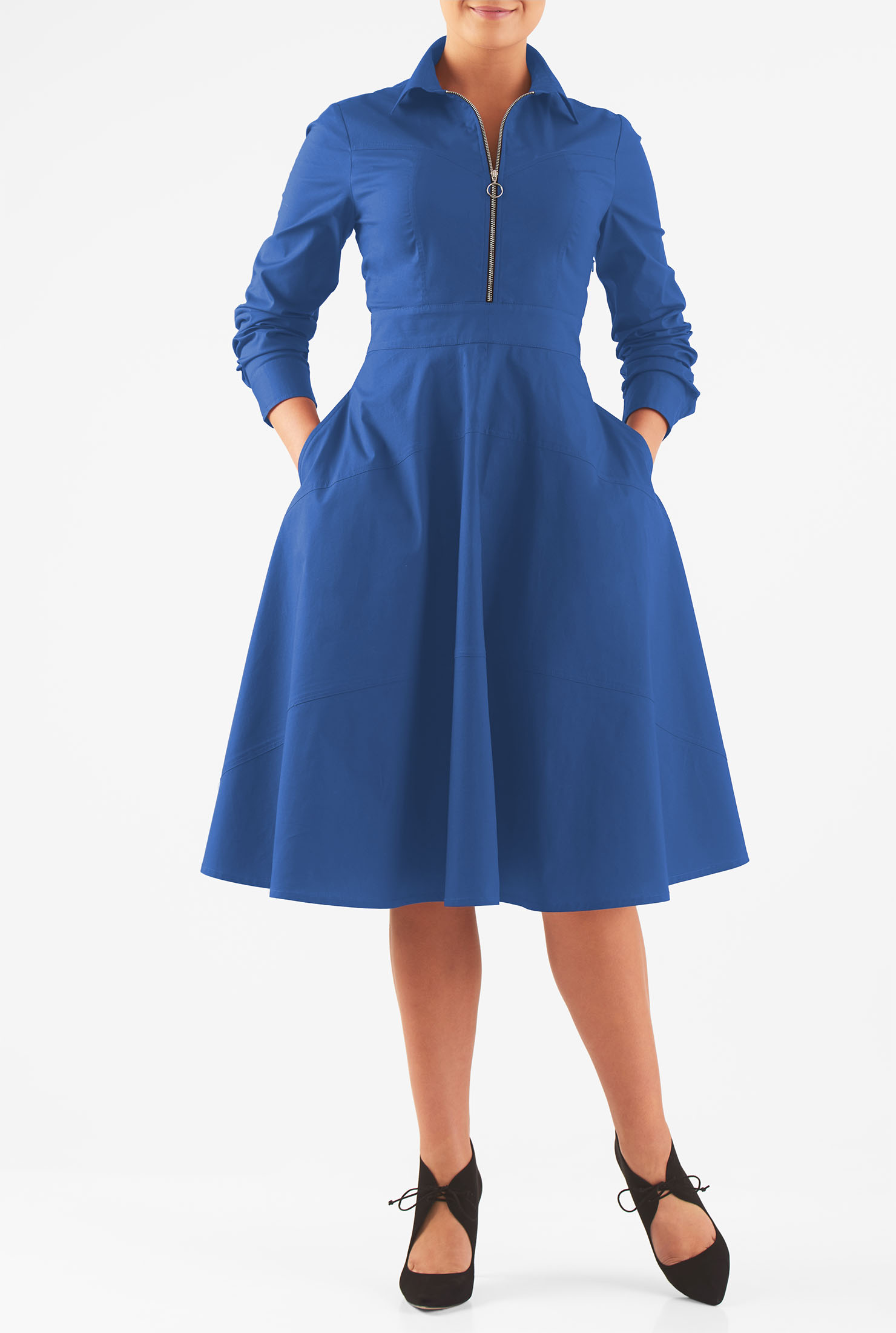 【マーシャ】Cotton Poplin Wave Tuck Dress Shop Front zip pieced cotton poplin dress | eShakti