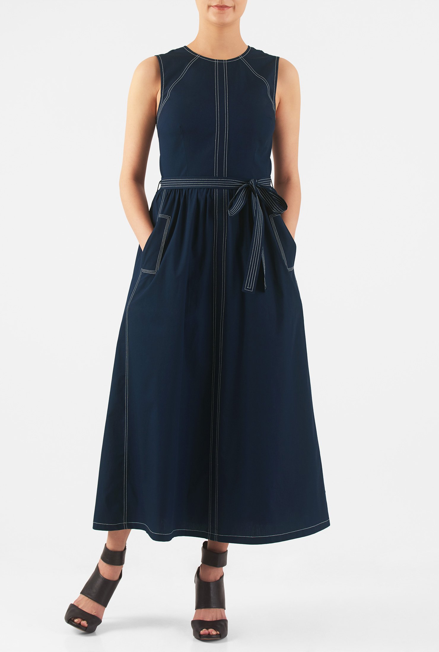 Shop Trapunto sash tie poplin midi dress | eShakti