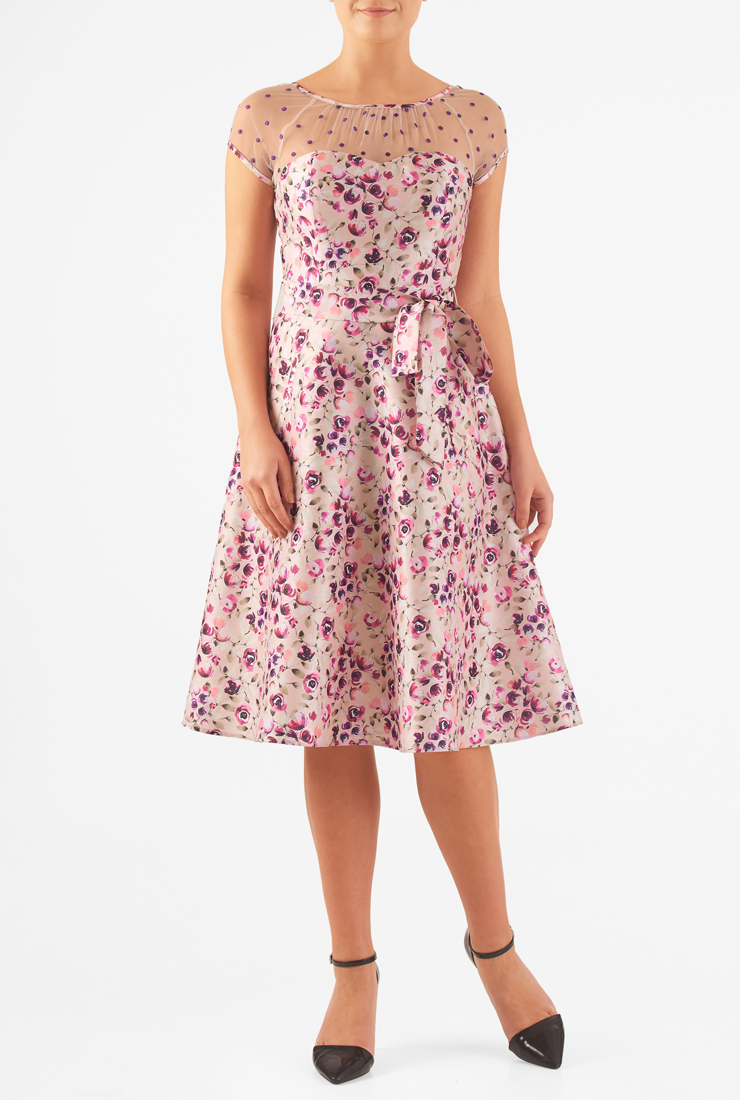 Shop Illusion yoke floral print dupioni dress eShakti