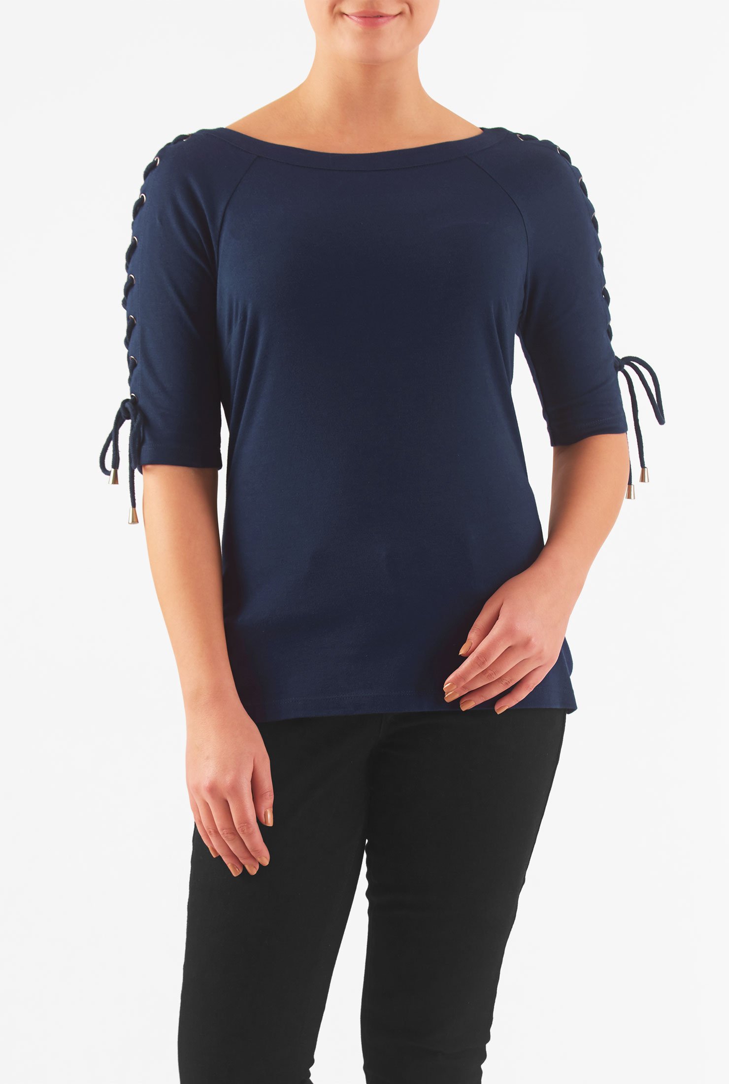 Shop Laceup sleeve cotton knit top eShakti