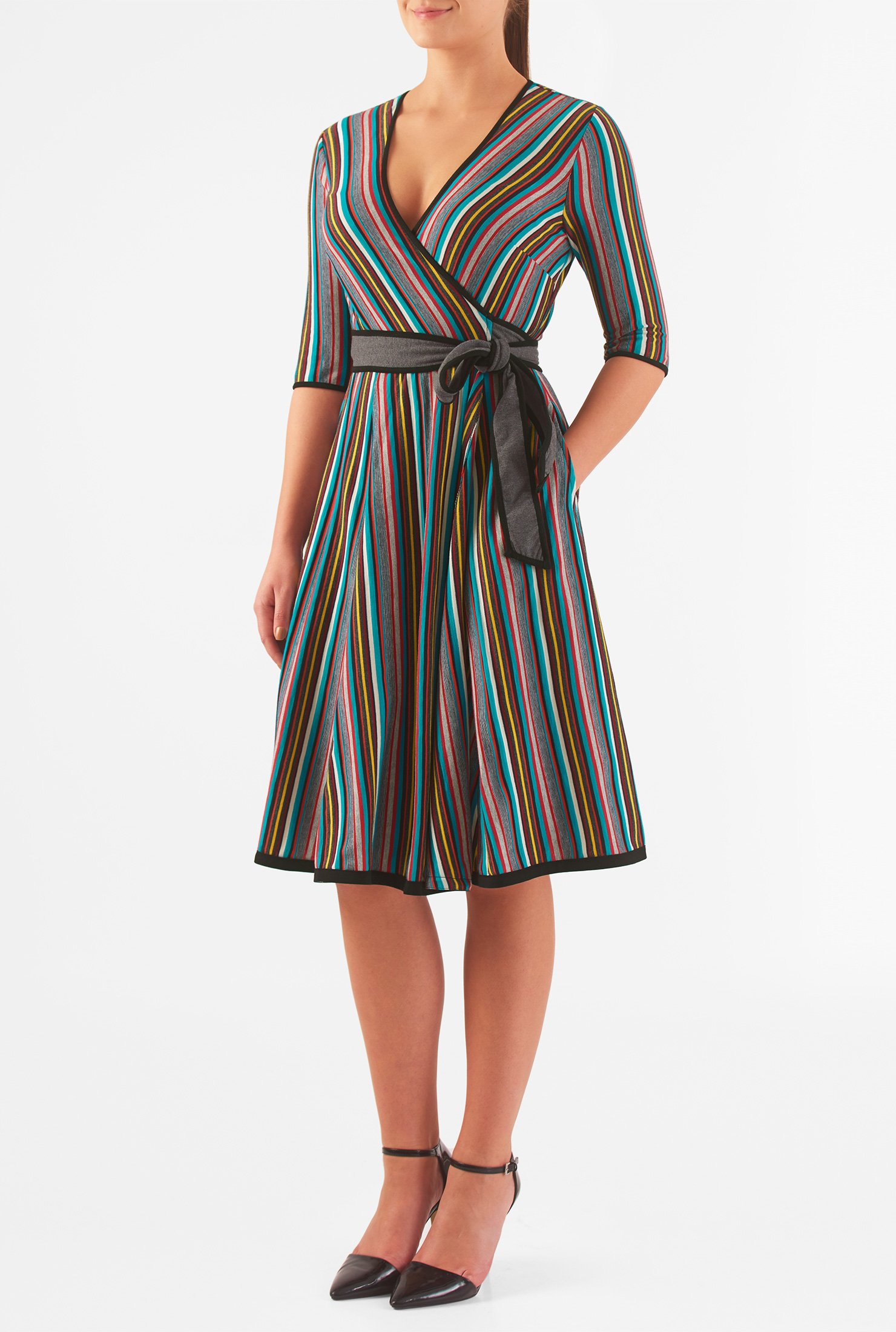 Shop Stripe cotton knit wrap dress eShakti