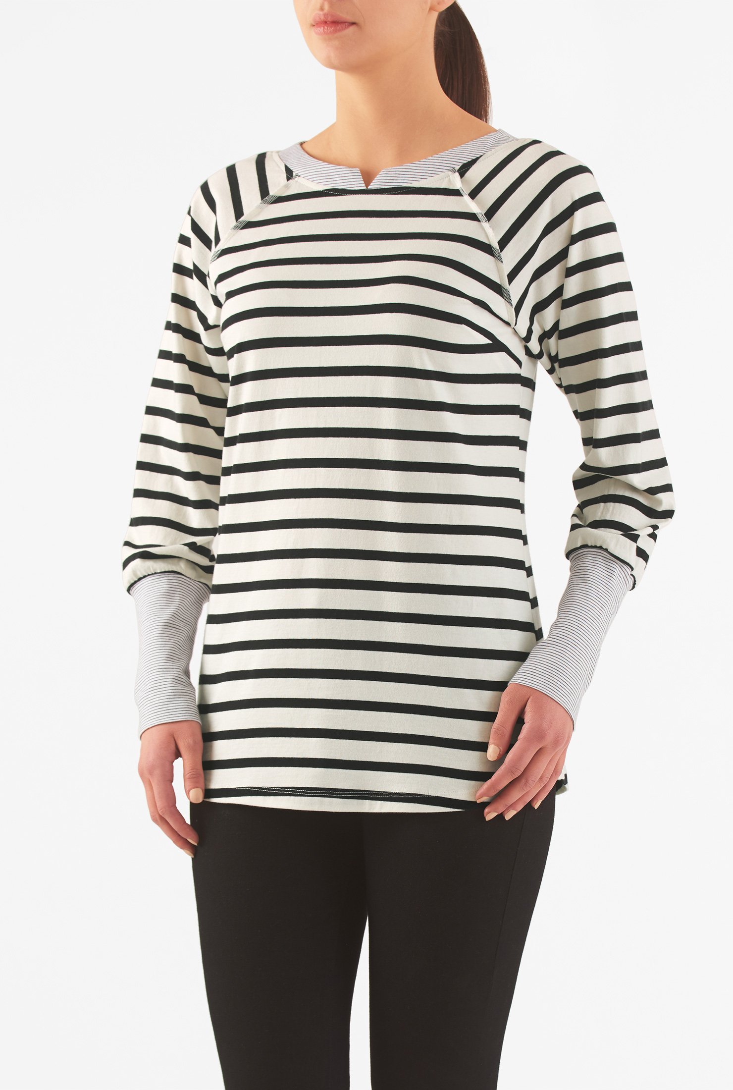 Shop Mixed stripe knit split neck top | eShakti