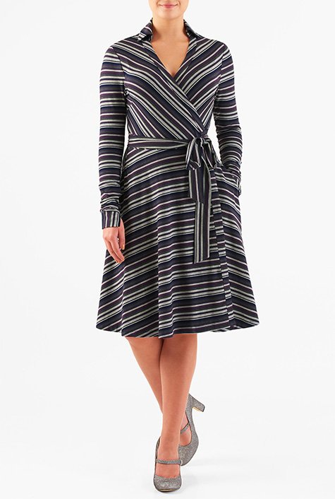 Shop Stripe cotton knit collared wrap dress | eShakti