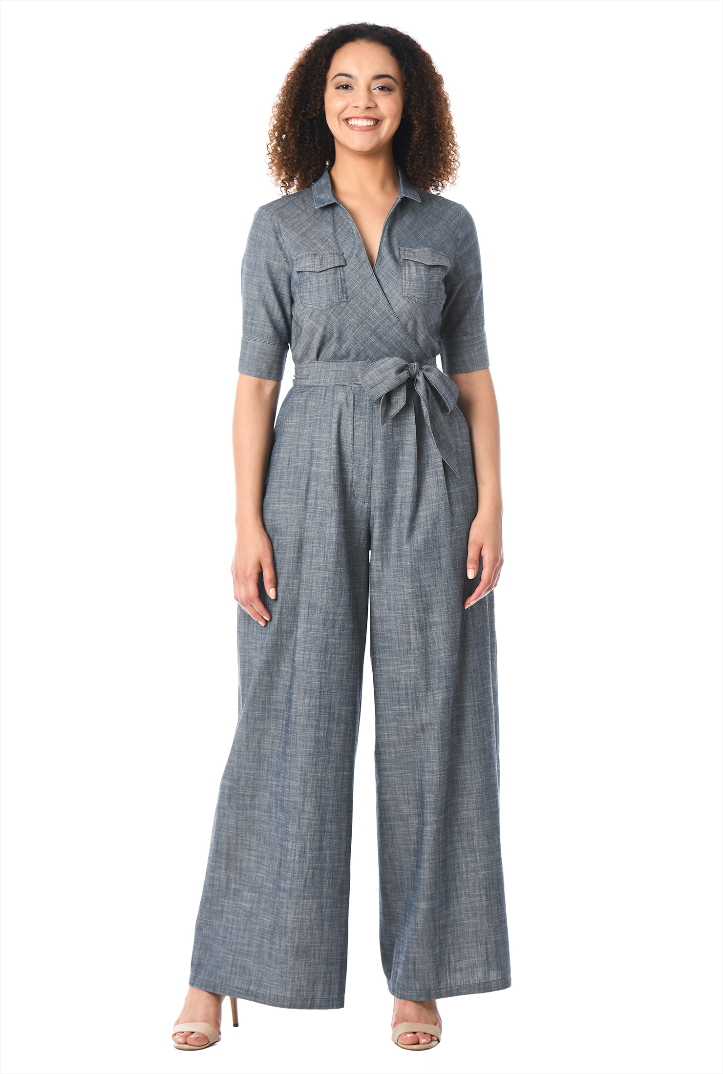 Shop Sash tie belt surplice chambray jumpsuit eShakti