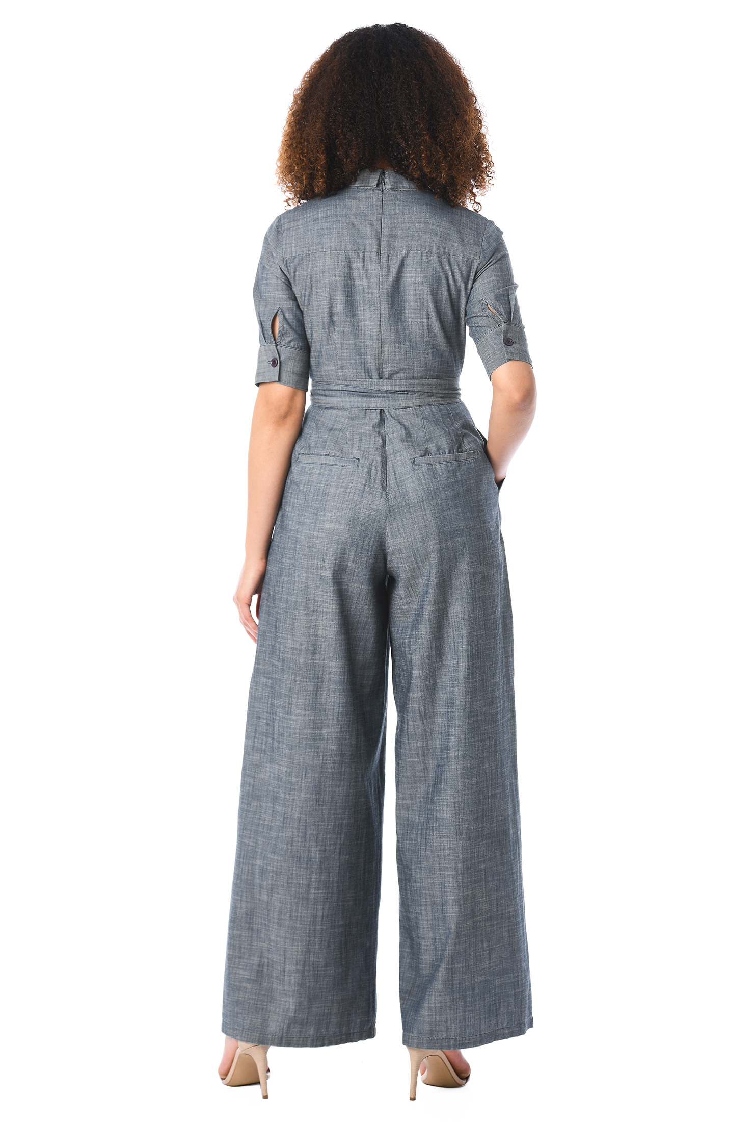 Shop Sash tie belt surplice chambray jumpsuit eShakti