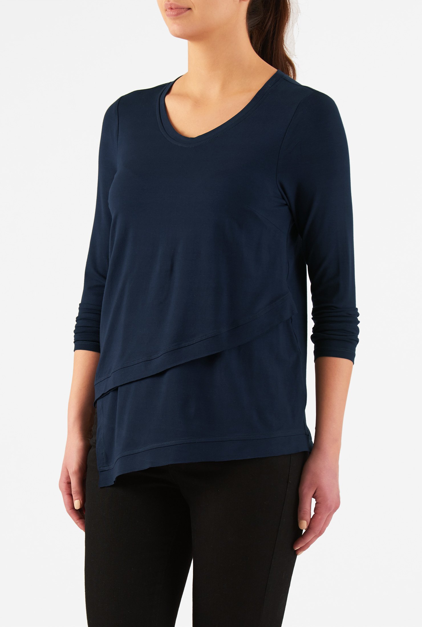 Shop Asymmetric layered hem jersey knit top eShakti