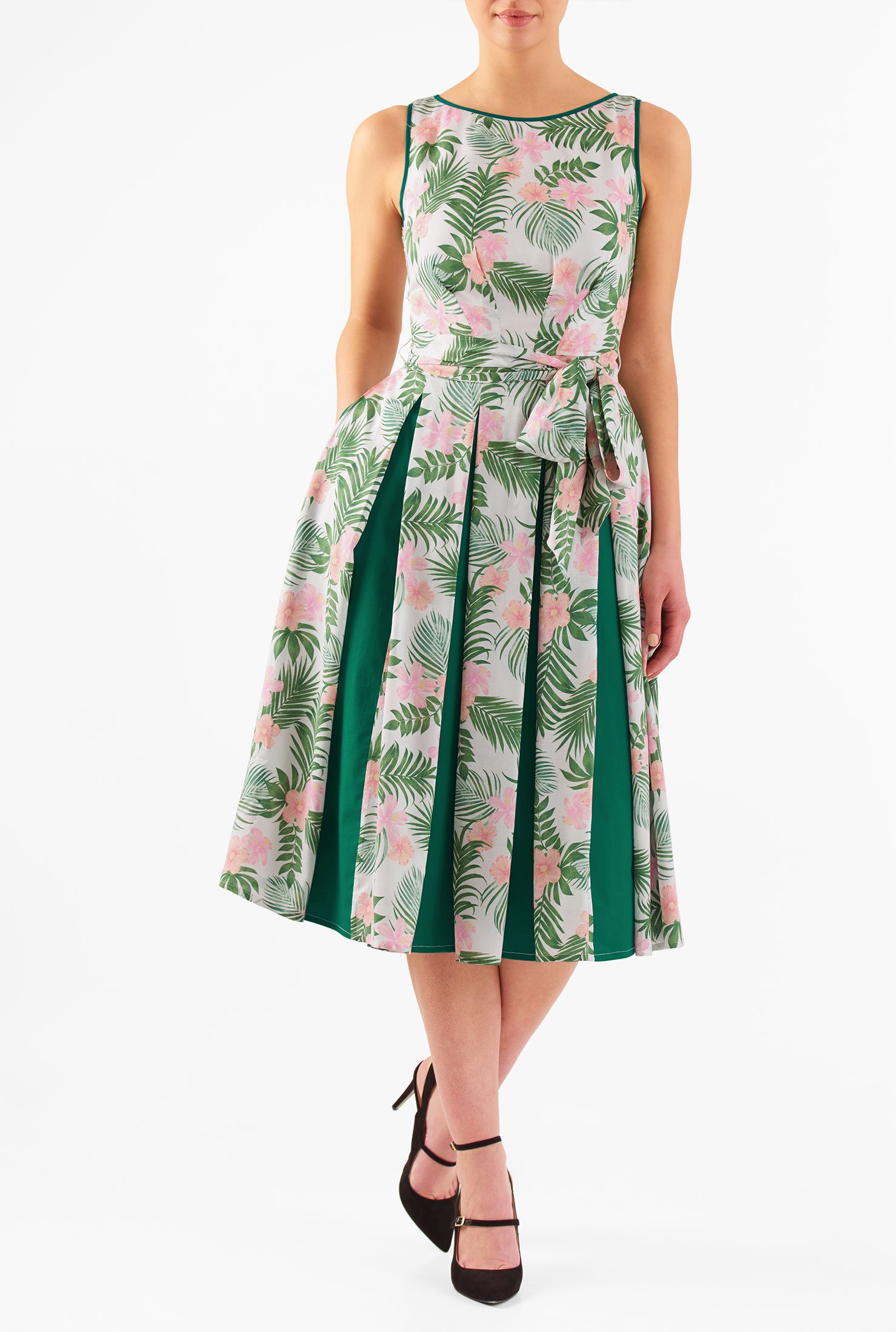 Shop Contrast inset pleat palm print voile dress | eShakti