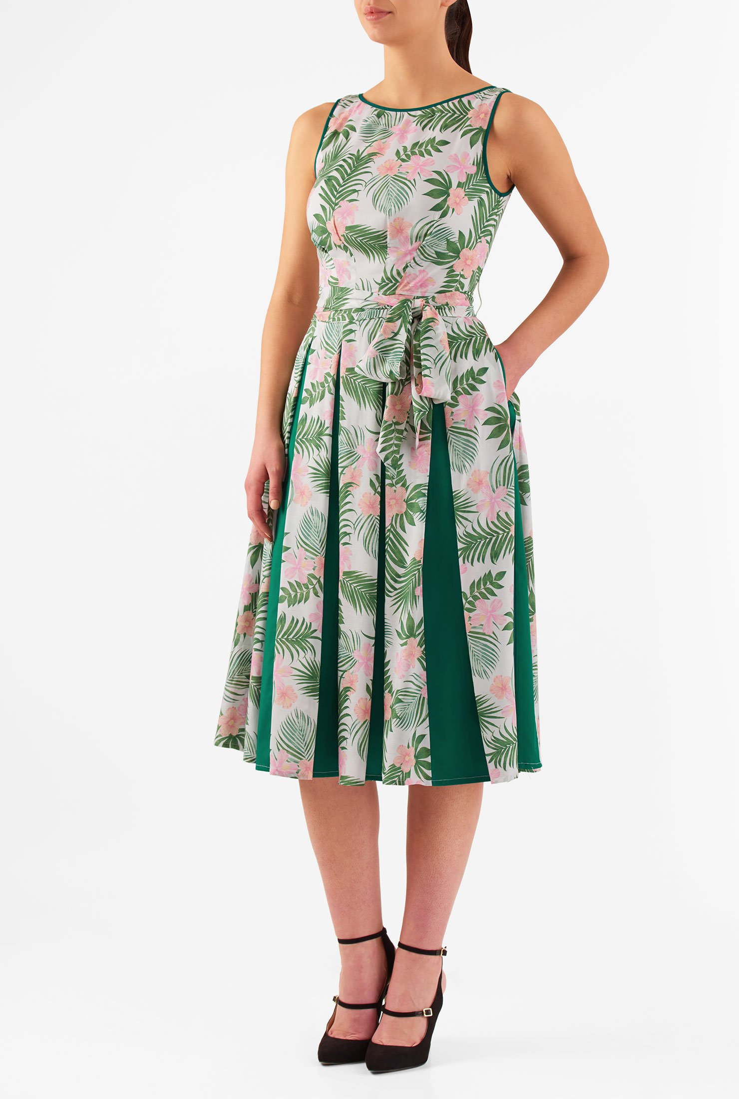 Shop Contrast inset pleat palm print voile dress | eShakti