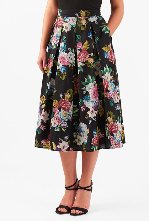 Shop Floral print voile box-pleat skirt | eShakti