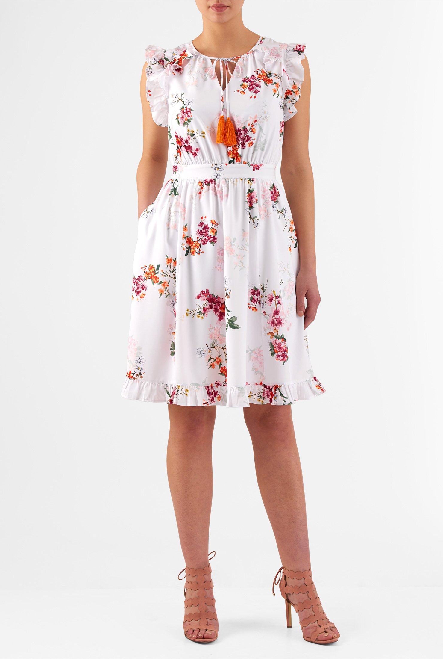 Shop Ruffle Sleeve Floral Print Crepe Dress Eshakti