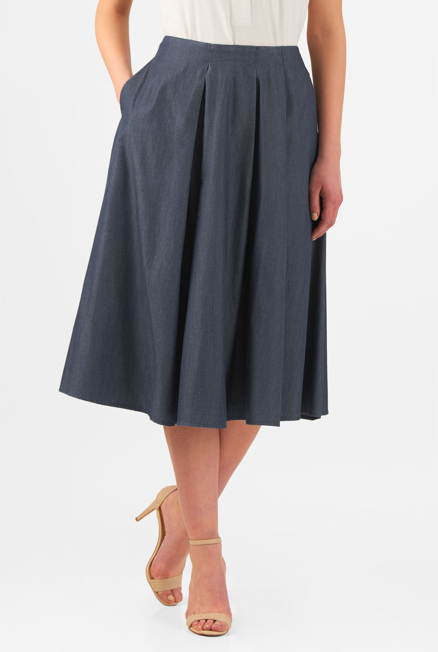 Shop Box pleat cotton chambray full skirt | eShakti