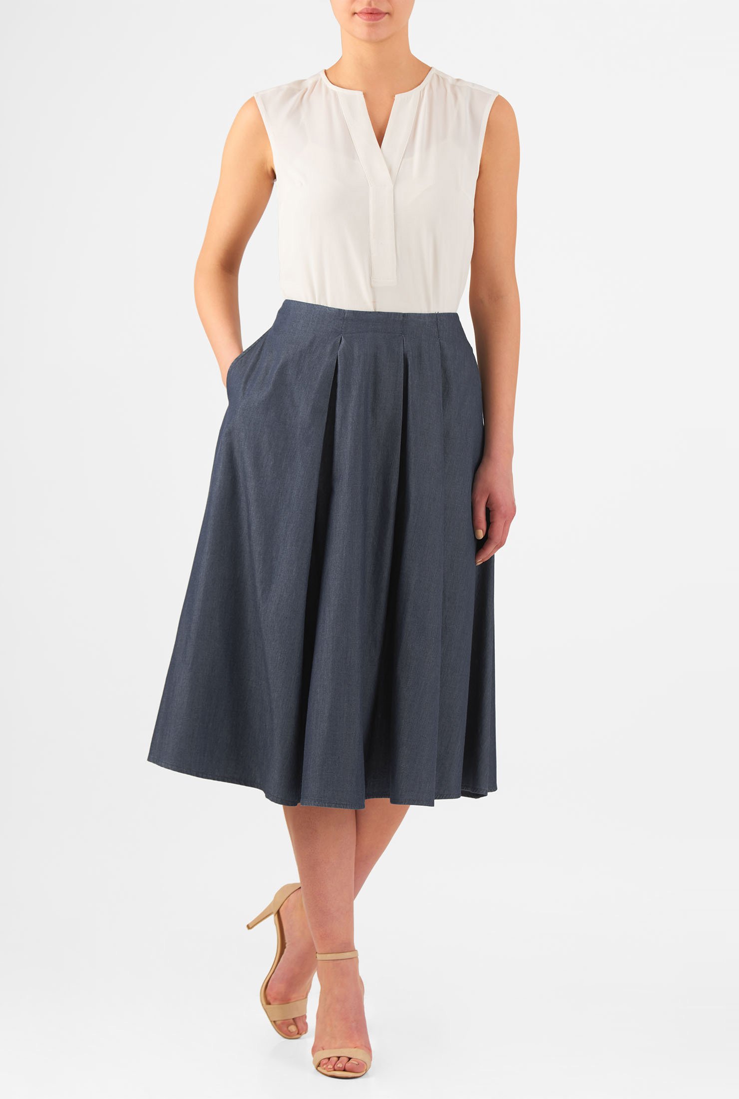 Shop Box pleat cotton chambray full skirt | eShakti