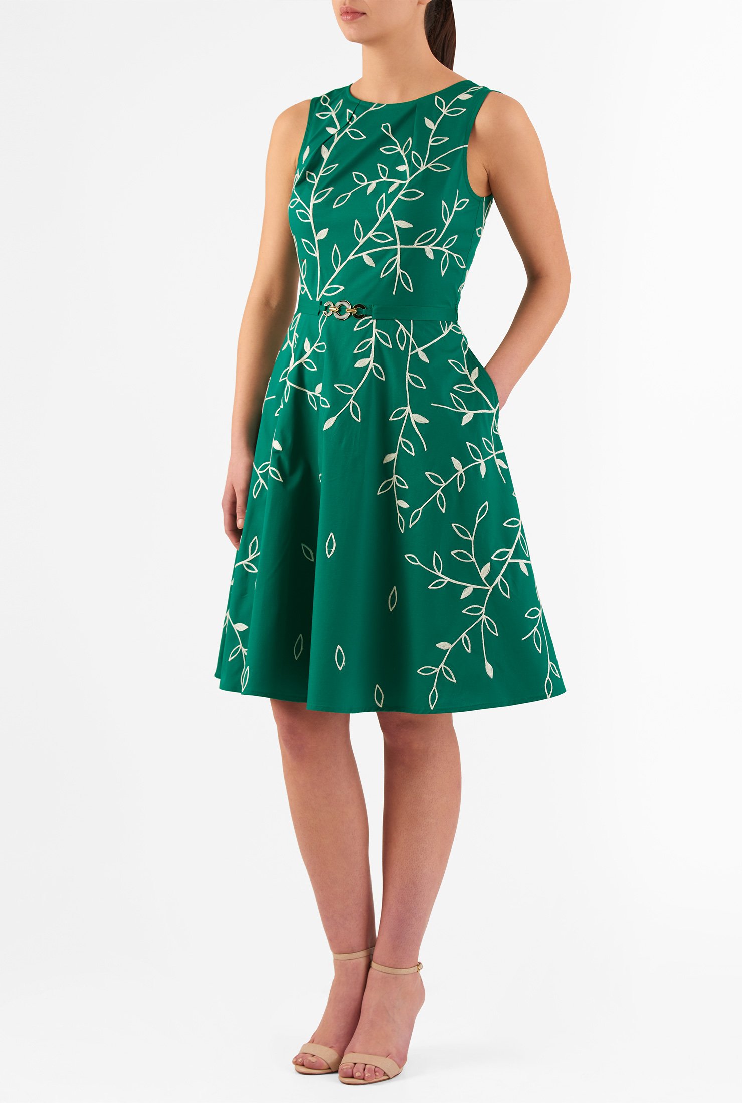 Shop Leaf embellished pleat neck poplin dress | eShakti