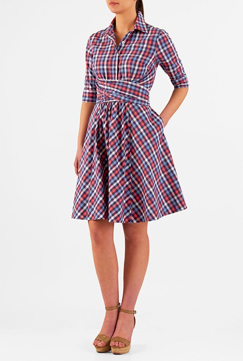 Shop Asymmetric sash tie cotton check shirtdress | eShakti