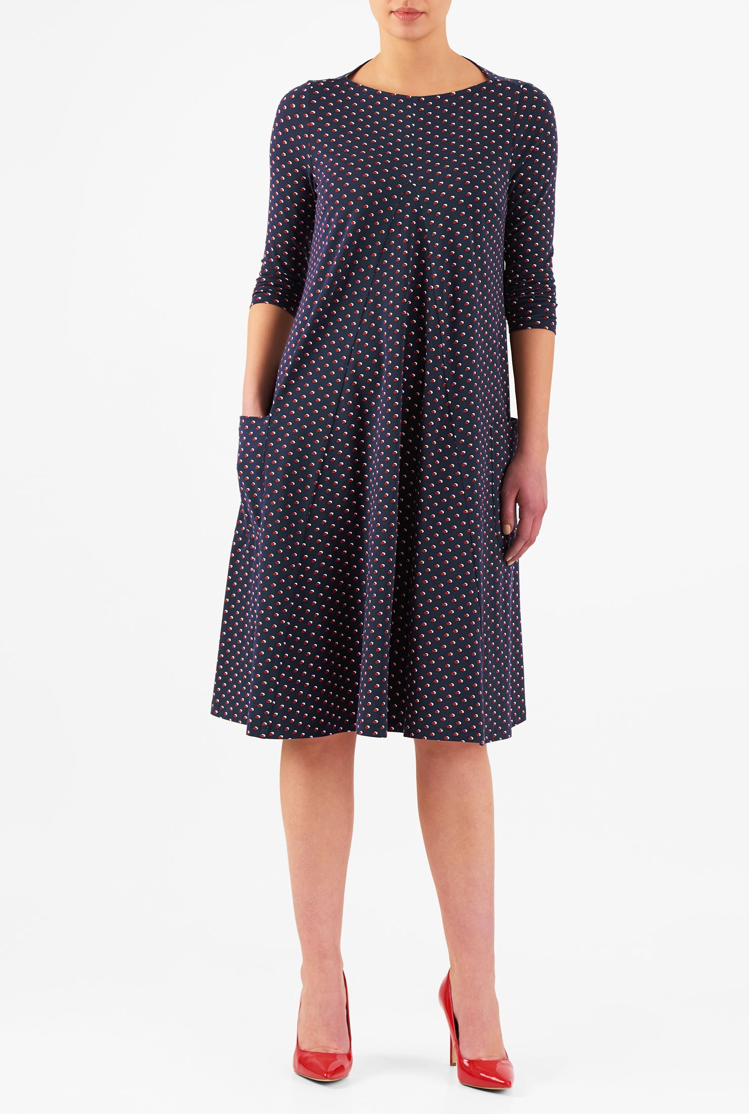 Shop Polka dot trapeze hem cotton knit shift dress | eShakti