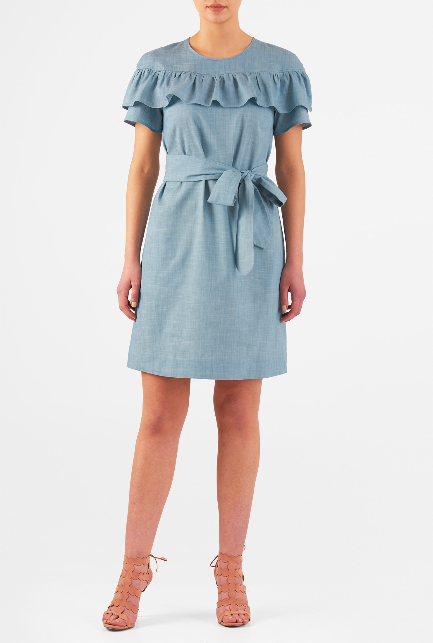 chambray ruffle shift dress