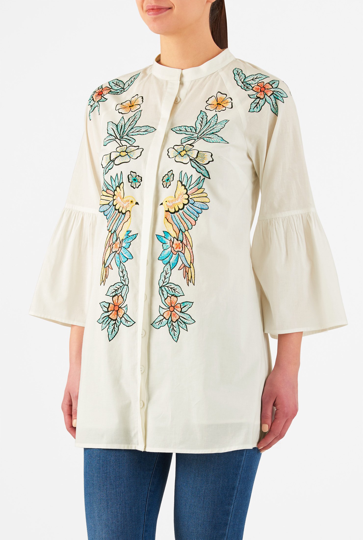 Shop Embellished flounce sleeve cambric top | eShakti