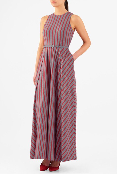 Shop Stripe cotton knit belted maxi dress | eShakti