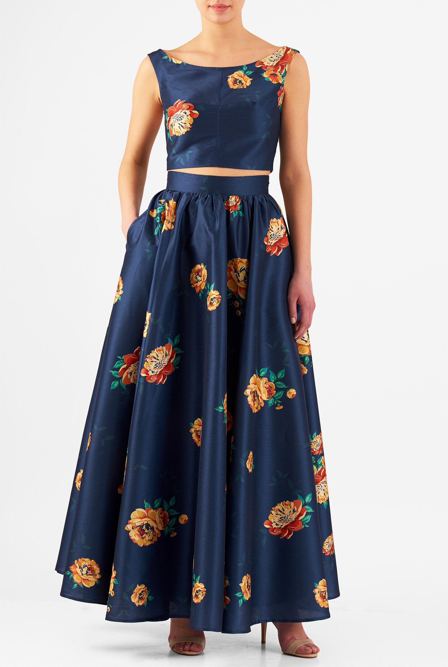 Shop Floral print dupioni two-piece maxi dress | eShakti