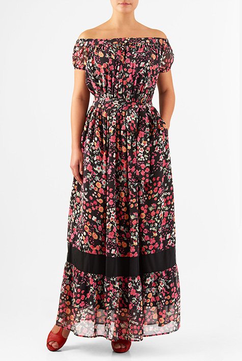 Shop Off-the-shoulder Floral Print Georgette Maxi Dress | EShakti