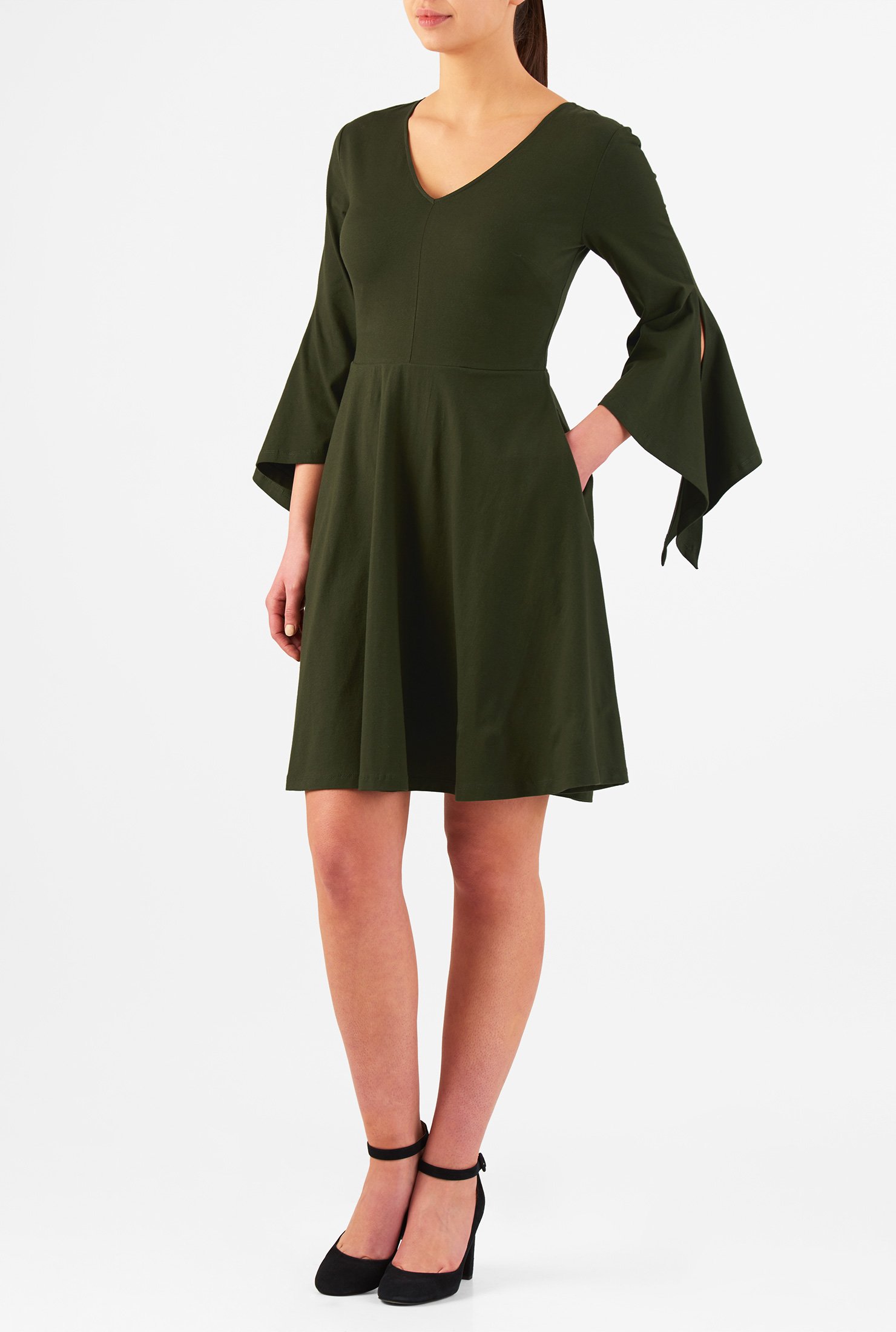 Shop Asymmetric bell sleeve cotton knit dress eShakti