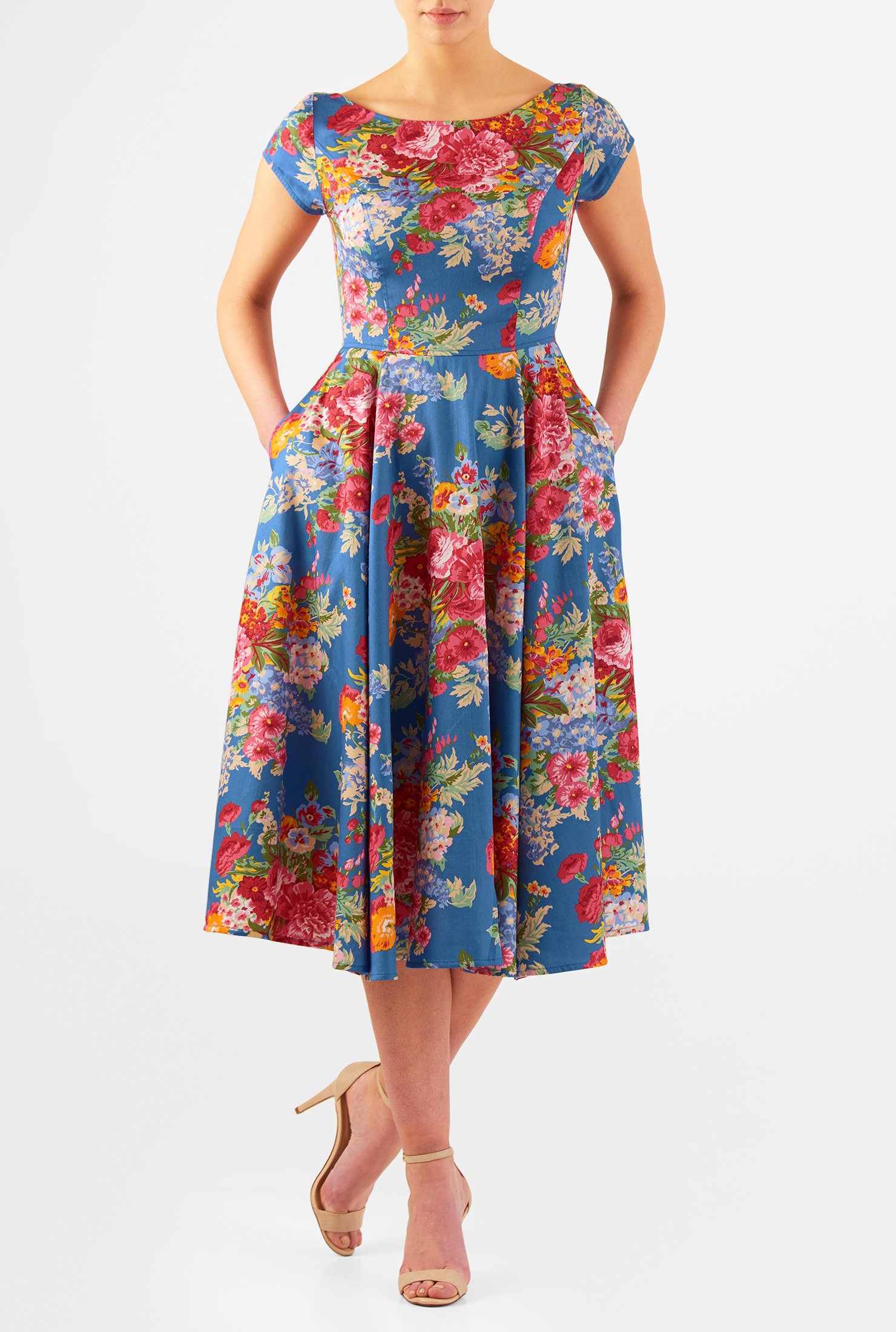 Shop Floral print fit-and-flare cotton sateen dress | eShakti