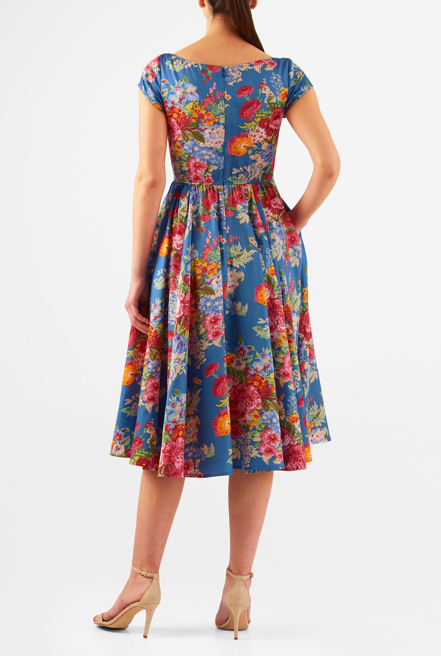 Shop Floral print fit-and-flare cotton sateen dress | eShakti