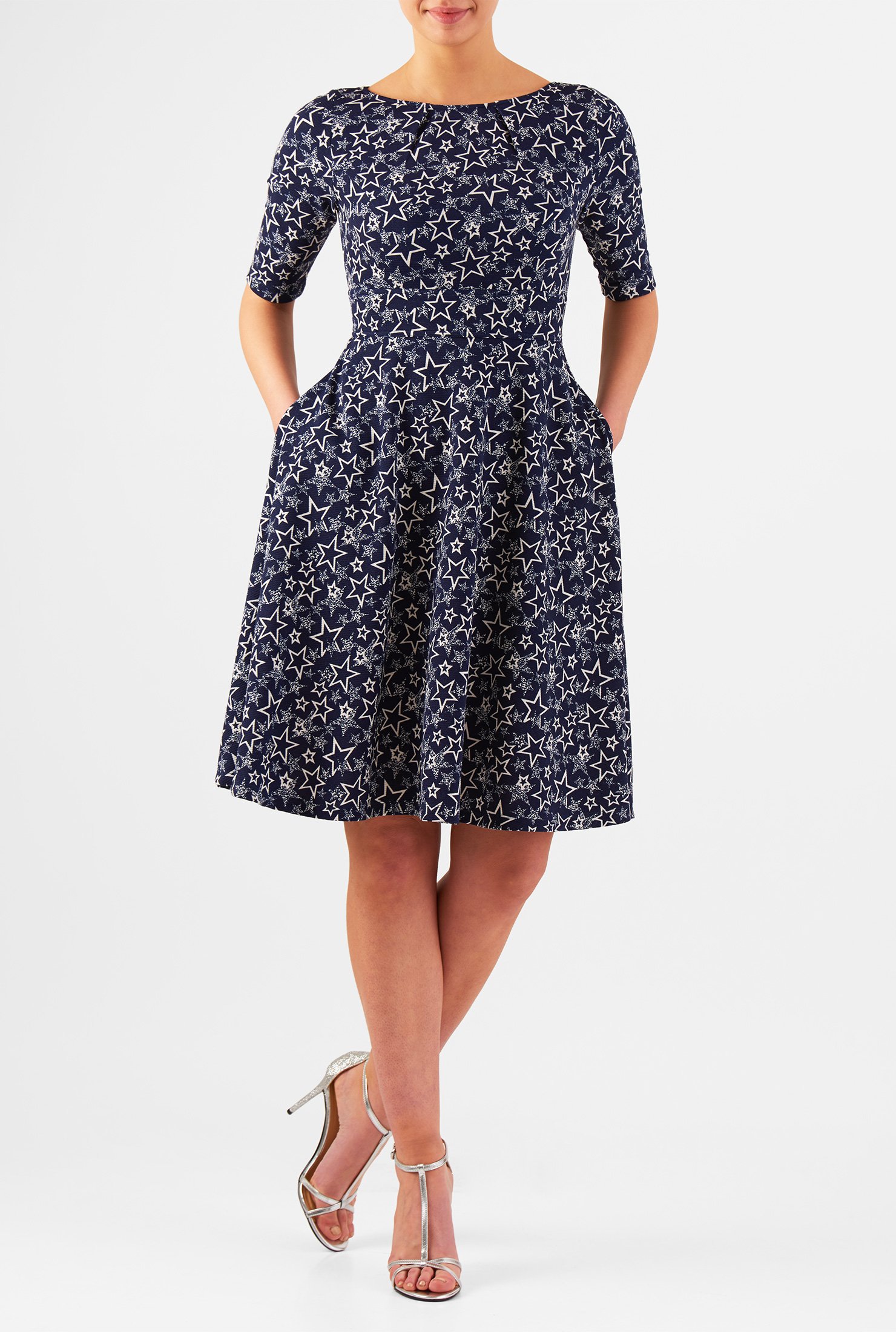 Shop Pleat neck star print jersey knit dress | eShakti