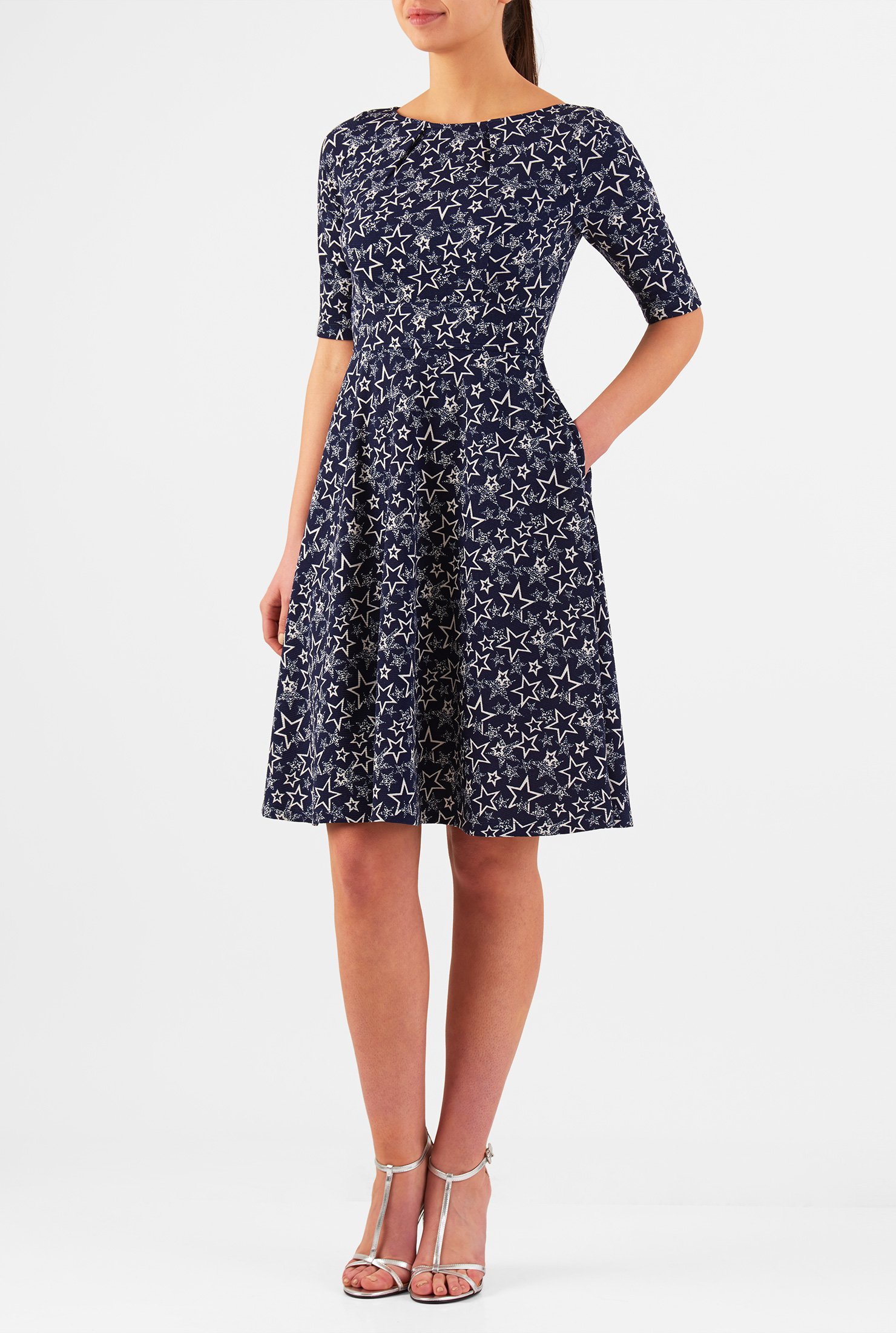 Shop Pleat neck star print jersey knit dress | eShakti